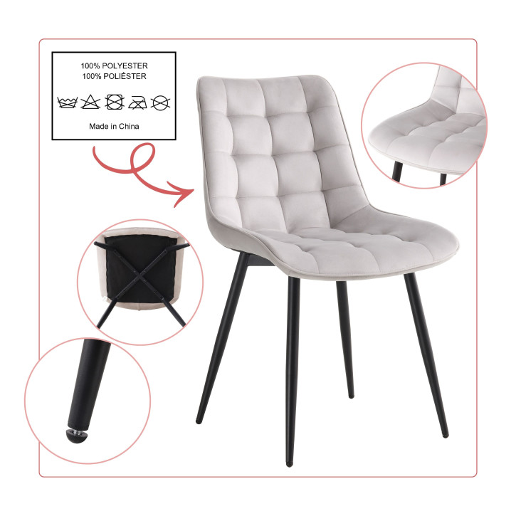 BHS LIVING Esszimmerstuhl, Küchenstuhl, Stuhl für den Wartebereich SERENA Polstersessel mit Samtstoff hellgrau 55x53x88 cm